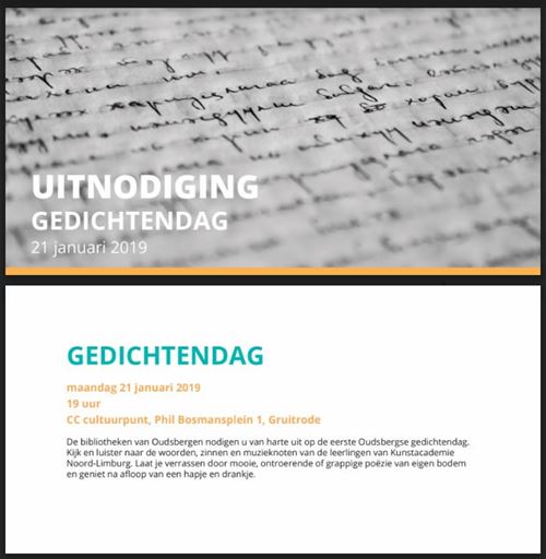 De bibliotheken van Oudsbergen nodigen je uit voor een avond vol poëzie en muziek, gebracht door leerlingen van de Kunstacademie Noord-Limburg. Als kers op de taart hoor je een aantal gedichten van Oudsbergenaren. Laat je verrassen door de mooie, ontroerende of grappige poëzie van eigen bodem en geniet na afloop van een hapje en drankje.