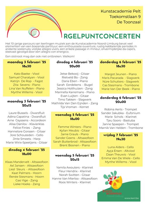 De leerlingen muziek die dit schooljaar de vierde graad afronden spelen een Orgelpuntconcert. Wie, wat, wanneer ... zie je op de affiche. Vrije toegang. Iedereen welkom.