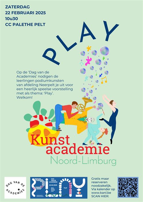 Op de dag van de Academies nodigen de leerlingen podiumkunsten van Kunstacademie Noord-Limburg / afdeling Neerpelt iedereen uit voor een speelse voorstelling met als thema: 'Play!'. 
De voorstelling is gratis maar wegens beperkte plaatsen is reserveren noodzakelijk. Reserveren kan vanaf maandag 13 januari om 9u. 