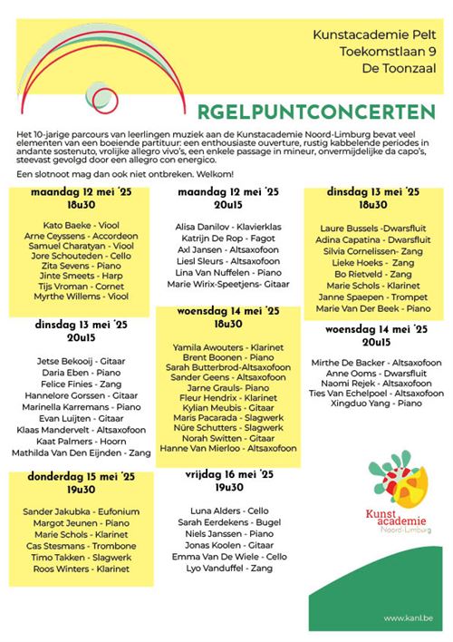 De leerlingen muziek die dit schooljaar de vierde graad afronden spelen een Orgelpuntconcert. Wie wanneer speelt, kan je zien op de affiche.