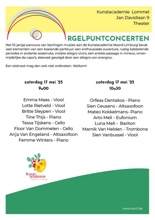 De leerlingen muziek die dit schooljaar de vierde graad afronden spelen een Orgelpuntconcert. Wie wanneer speelt, zie je op de affiche. 