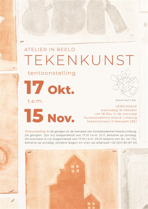 Onze academie zal ook dit schooljaar elk atelier eens in beeld/in de kijker zetten. In de gangen en in de toonzaal van de kunstacademie in Pelt loopt er vanaf 17 oktober tot 15 november een tentoonstelling van het atelier Tekenkunst. Vernissage op woensdag 16 oktober om 18u30.