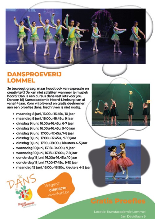 Je beweegt graag, maar houdt ook van expressie en creativiteit? Je kan niet stilzitten wanneer je muziek hoort? Dan is een cursus dans vast iets voor jou. Dansen bij Kunstacademie Noord-Limburg kan al vanaf 4 jaar. Kom vrijblijvend en gratis deelnemen aan een proefles dans. Inschrijven is niet nodig.
