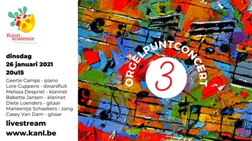 De leerlingen muziek, die dit schooljaar een opleiding muziek aan onze academie afronden, spelen een orgelpuntconcert. In de week van 25 januari vinden er maar liefst 11 van deze concerten plaats. Je kan deze volgen via livestream. De link zal op de dag van het concert onder dit kalenderitem te zien zijn.