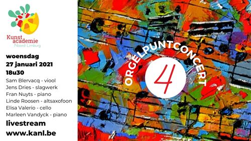 De leerlingen muziek, die dit schooljaar een opleiding muziek aan onze academie afronden, spelen een orgelpuntconcert. In de week van 25 januari vinden er maar liefst 11 van deze concerten plaats. Je kan deze volgen via livestream. De link zal op de dag van het concert onder dit kalenderitem te zien zijn.