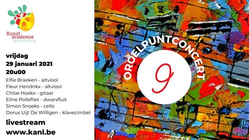 De leerlingen muziek, die dit schooljaar een opleiding muziek aan onze academie afronden, spelen een orgelpuntconcert. In de week van 25 januari vinden er maar liefst 11 van deze concerten plaats. Je kan deze volgen via livestream. De link zal op de dag van het concert onder dit kalenderitem te zien zijn.